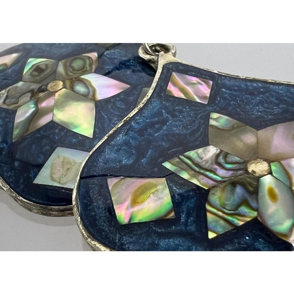 Vintage Abalone Shell & Deep Blue Mosaic Inlay Dangle Earrings - Picture 6 of 10
